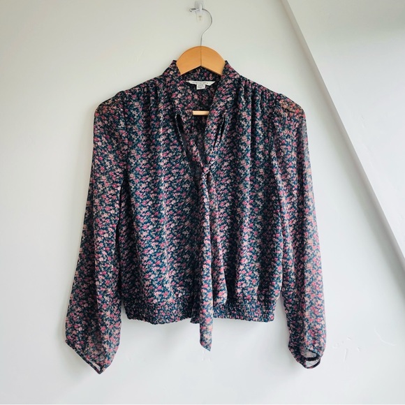 American Eagle Floral Tie Front Floral Button Dwn Blouse Smocked Waist Top Sz S - Picture 3 of 14